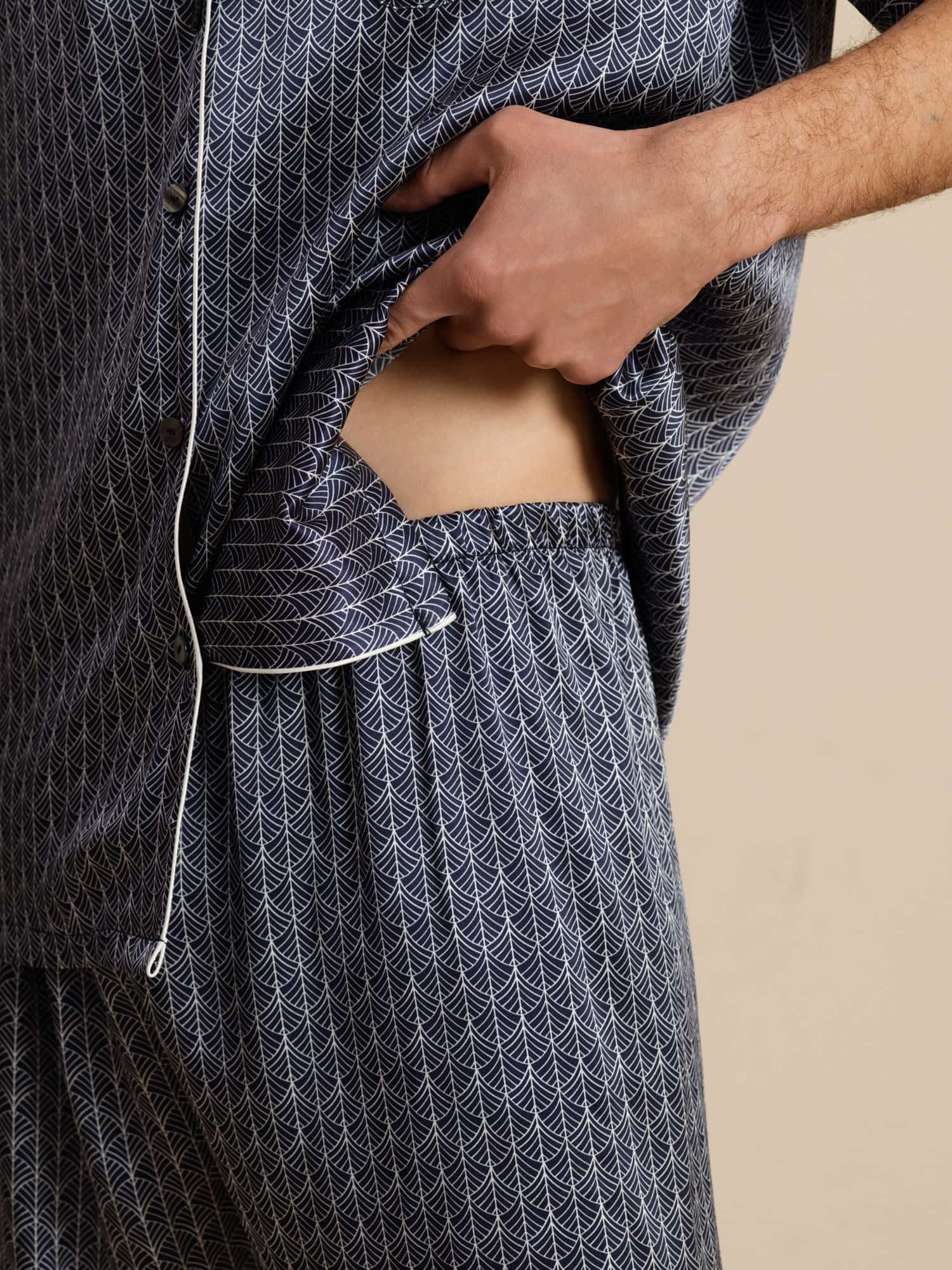 [Navy Ginkgo] SilkSilky  Short Sleeve Notch Collar Men's Pajamas 007