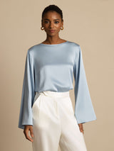 [Grayish Blue] SilkSilky  19Momme Stretch Silk Charmeuse Long Sleeve Boat Neck Blouse 006