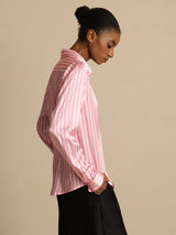 [Pink Stripe] SilkSilky  Long Sleeve Lapel Collar Women's Shirts 002