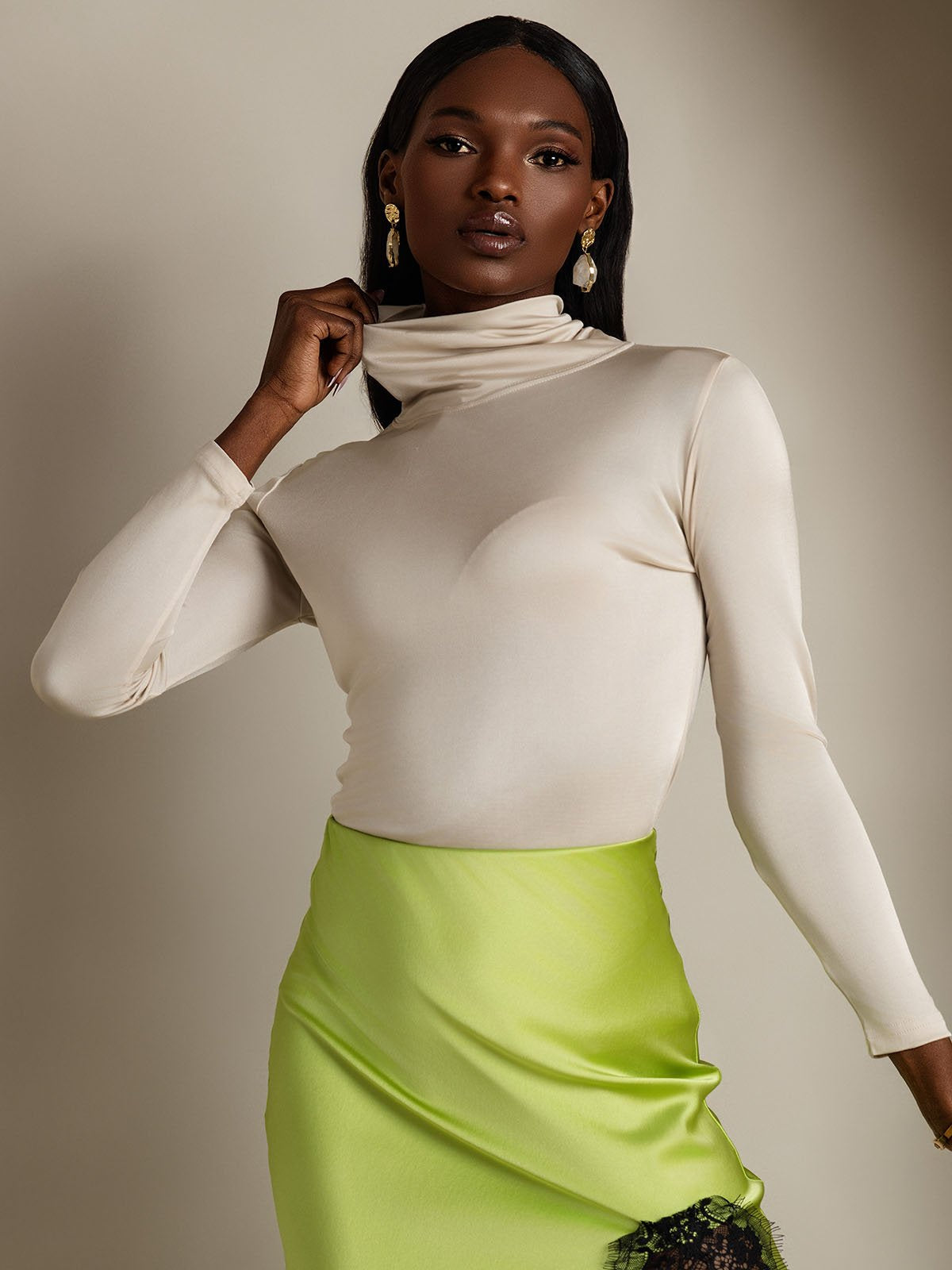 [Beige] SilkSilky  Silk Long Sleeve High Neck Women's T-Shirt 003