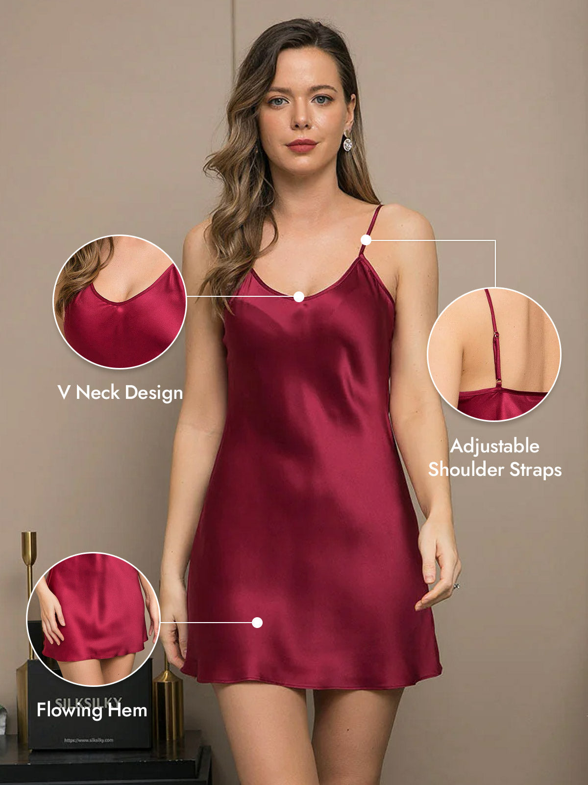 [Wine] SilkSilky  Pure Silk V Neck Nightgown 005