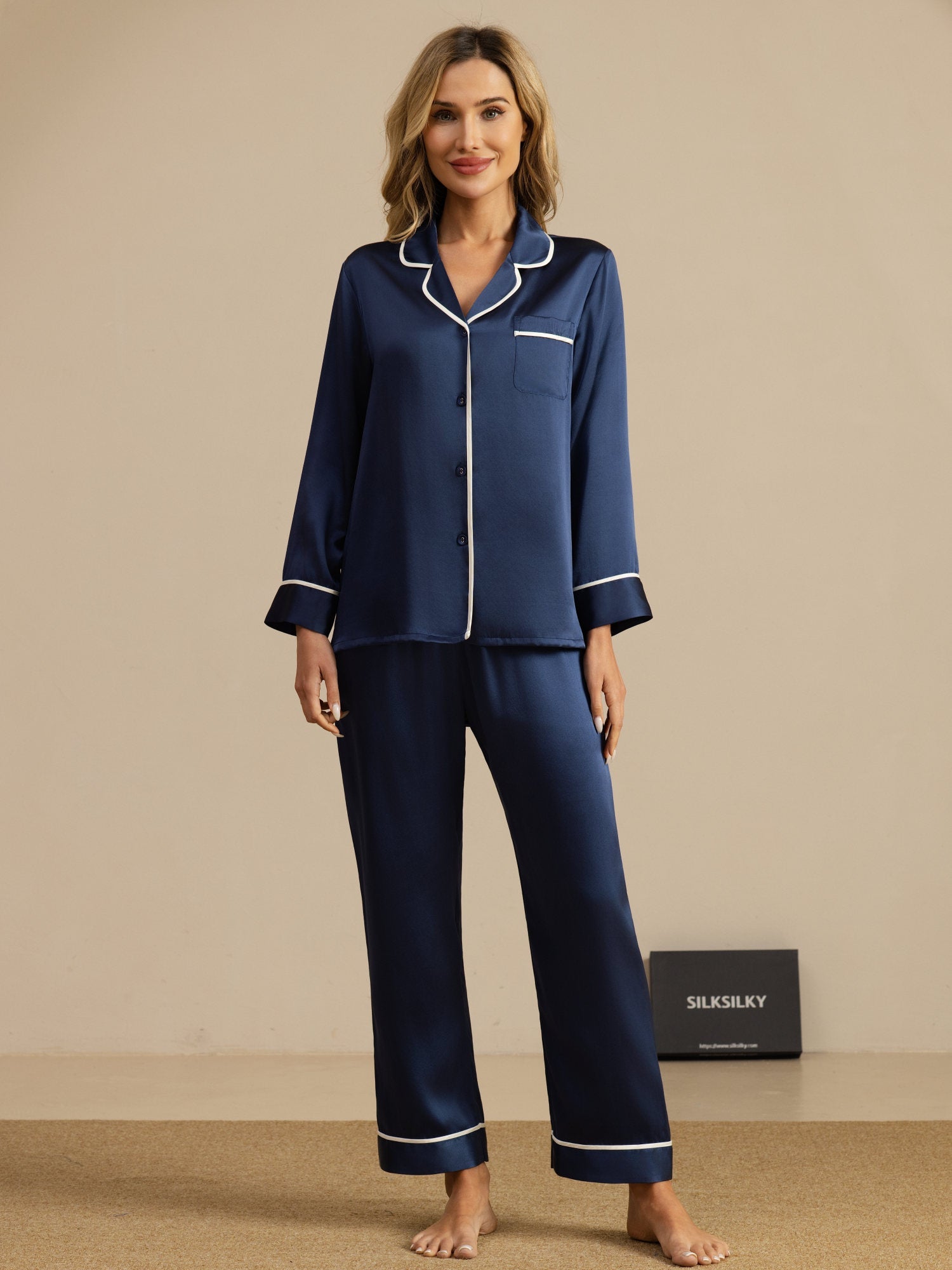 [Dark Blue] SilkSilky  Long Sleeve Notch Collar Women's Pajamas 001