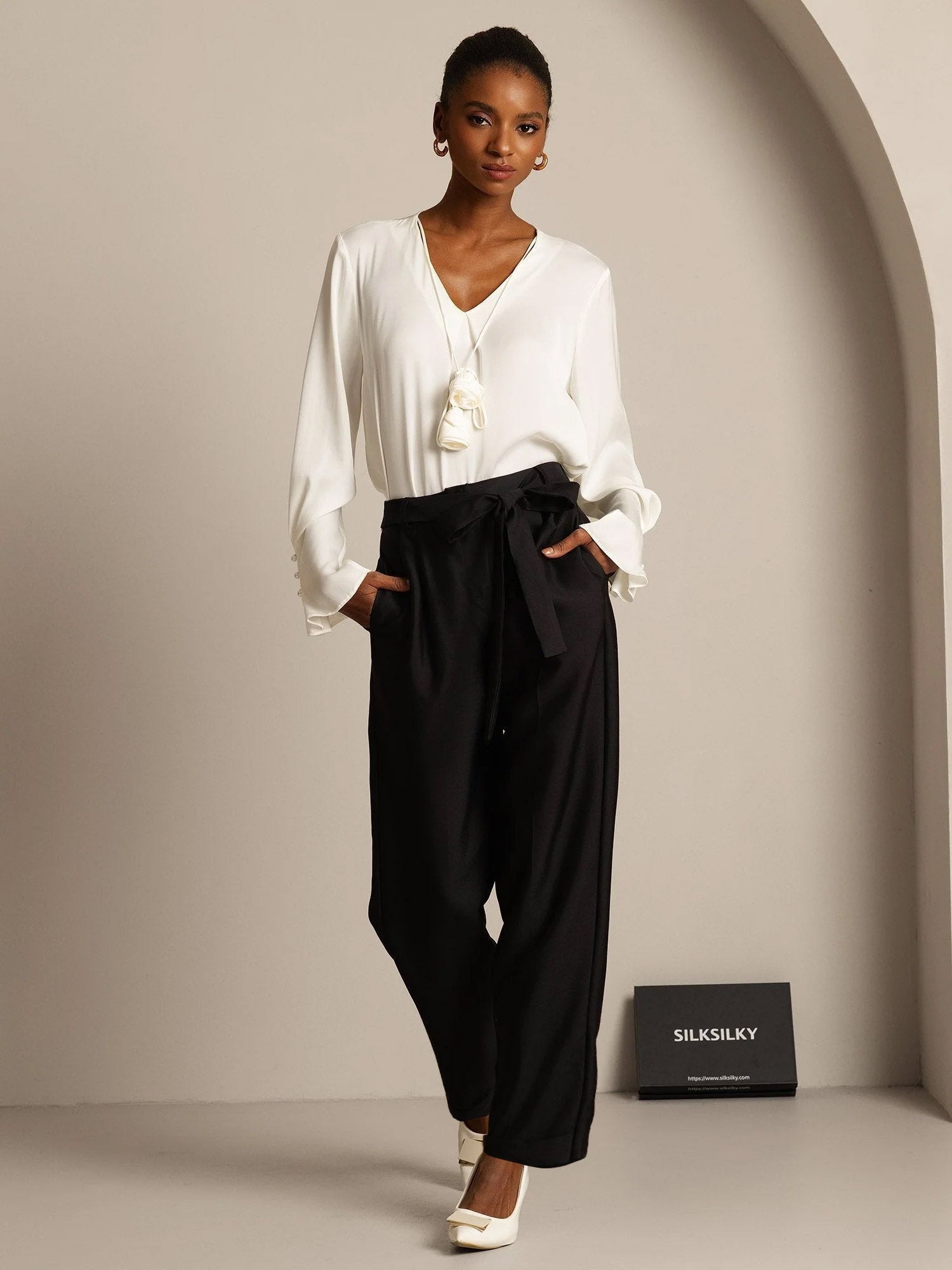 [Black] SilkSilky  32Momme Silk Womens Pants 003,