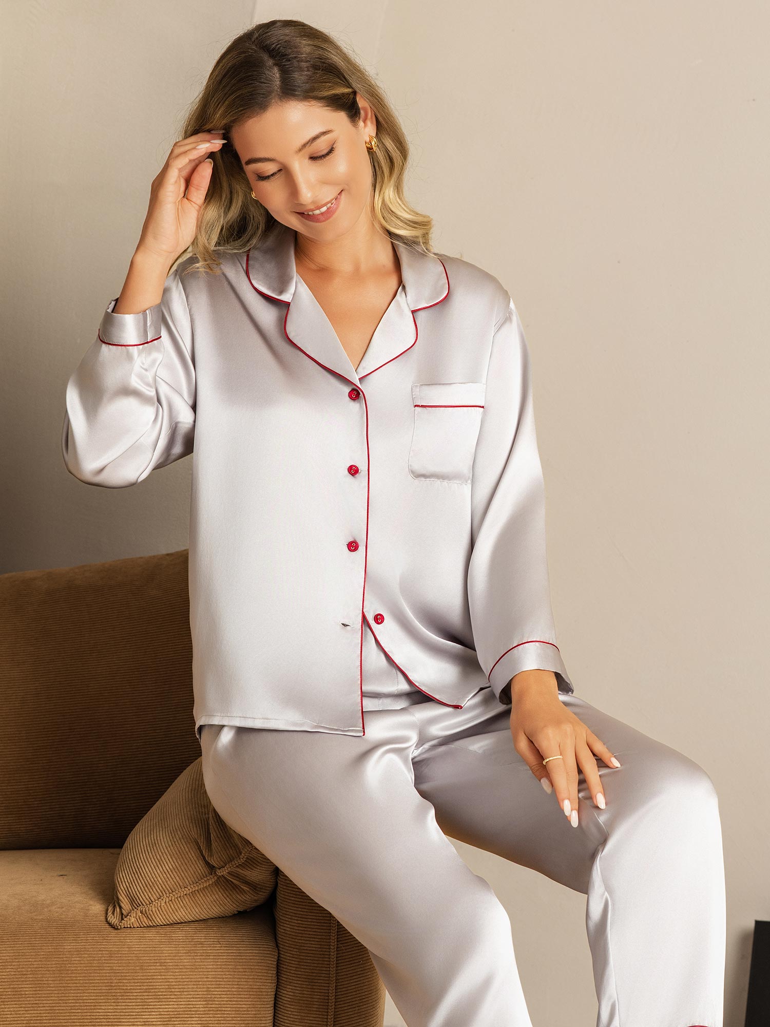[Silver] SilkSilky  Silk Long Sleeve Notch Collar Women's Pajamas 011