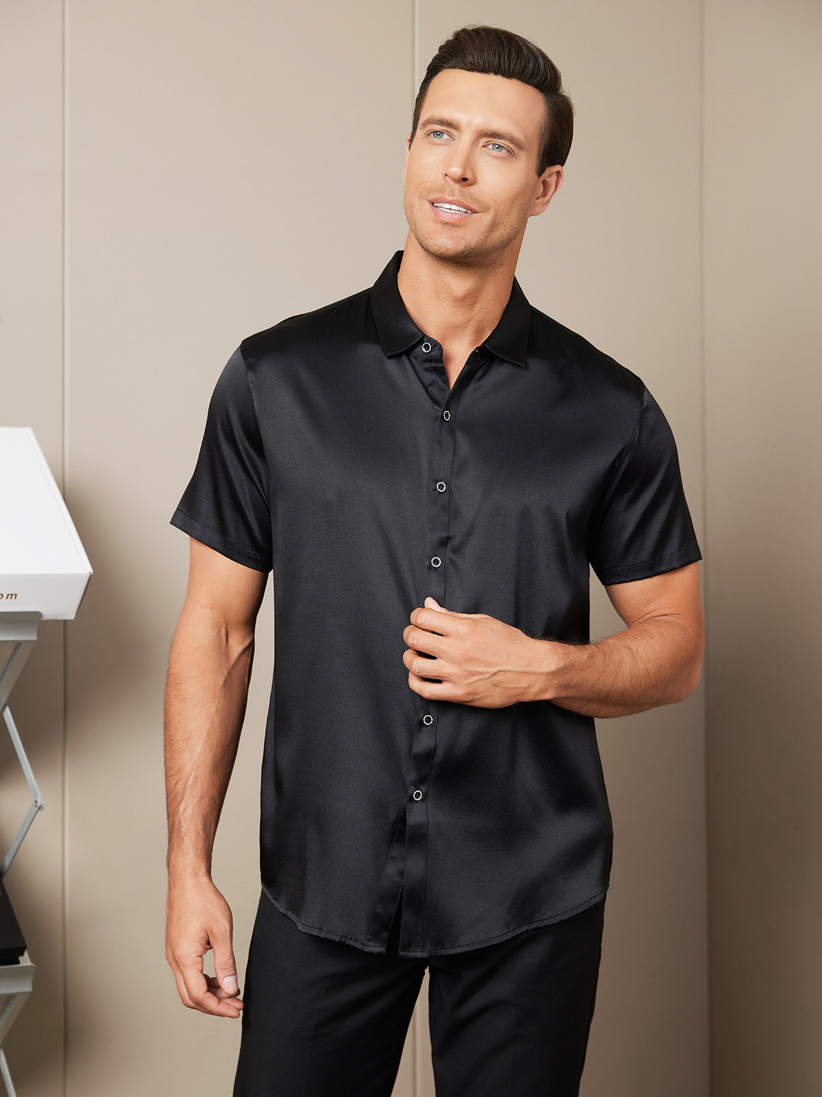 SilkSilky US Silk Blend Short Sleeve Collar Men's Shirt Black 003