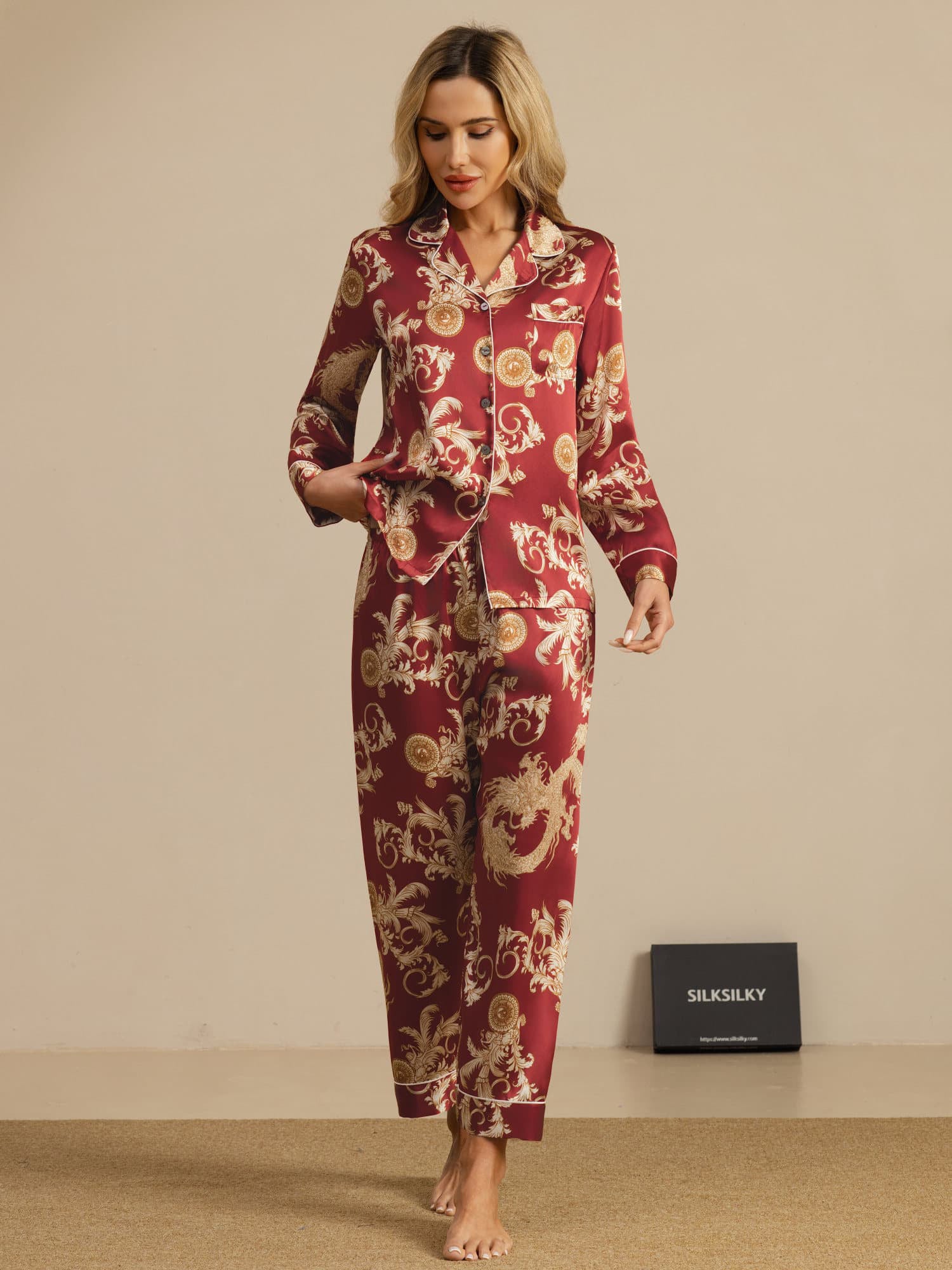 [Wine Dragon] SilkSilky  Long Sleeve Notch Collar Women's Pajamas 007