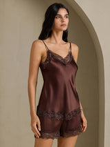 [Brown] SilkSilky  Spaghetti Strap V Neck Camisole Set 001