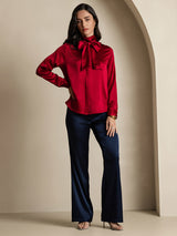 [Wine] SilkSilky  Long Sleeve Tie Neck Blouse 006