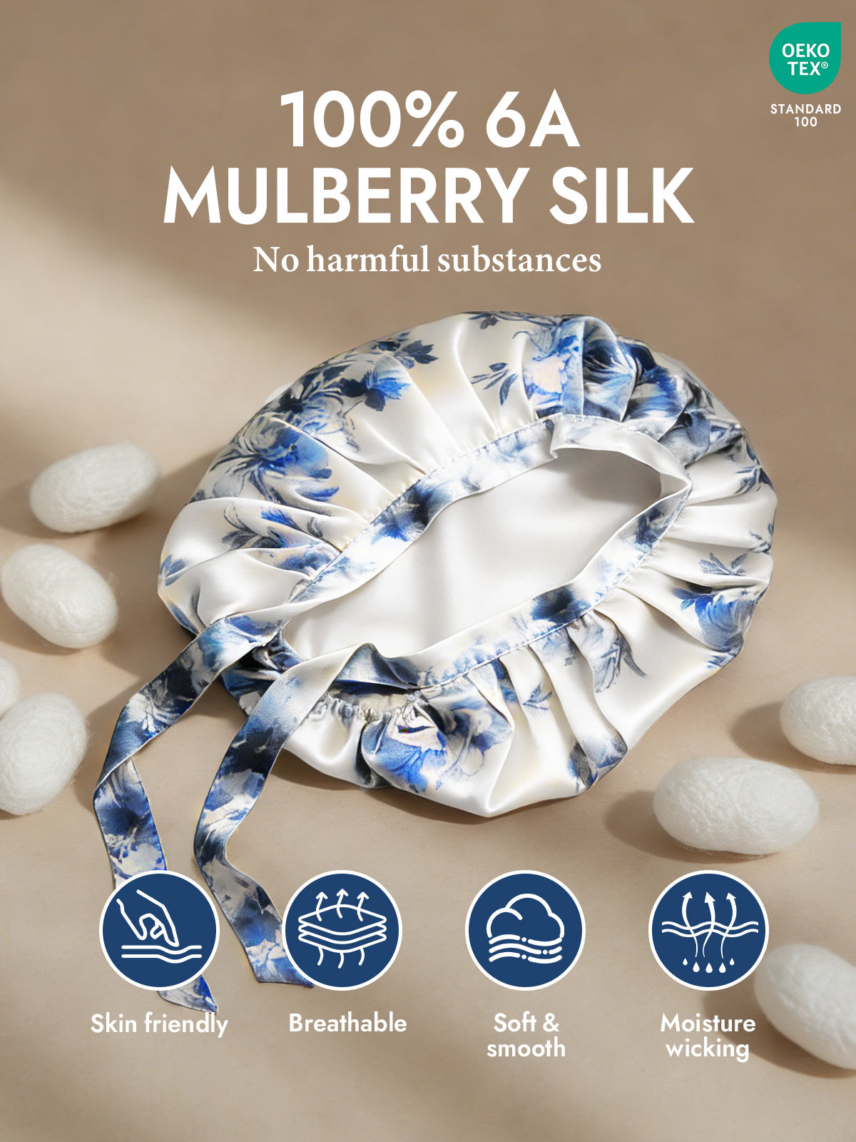 [Blue and White Porcelain] SilkSilky  Pure Silk Sleep Cap 002