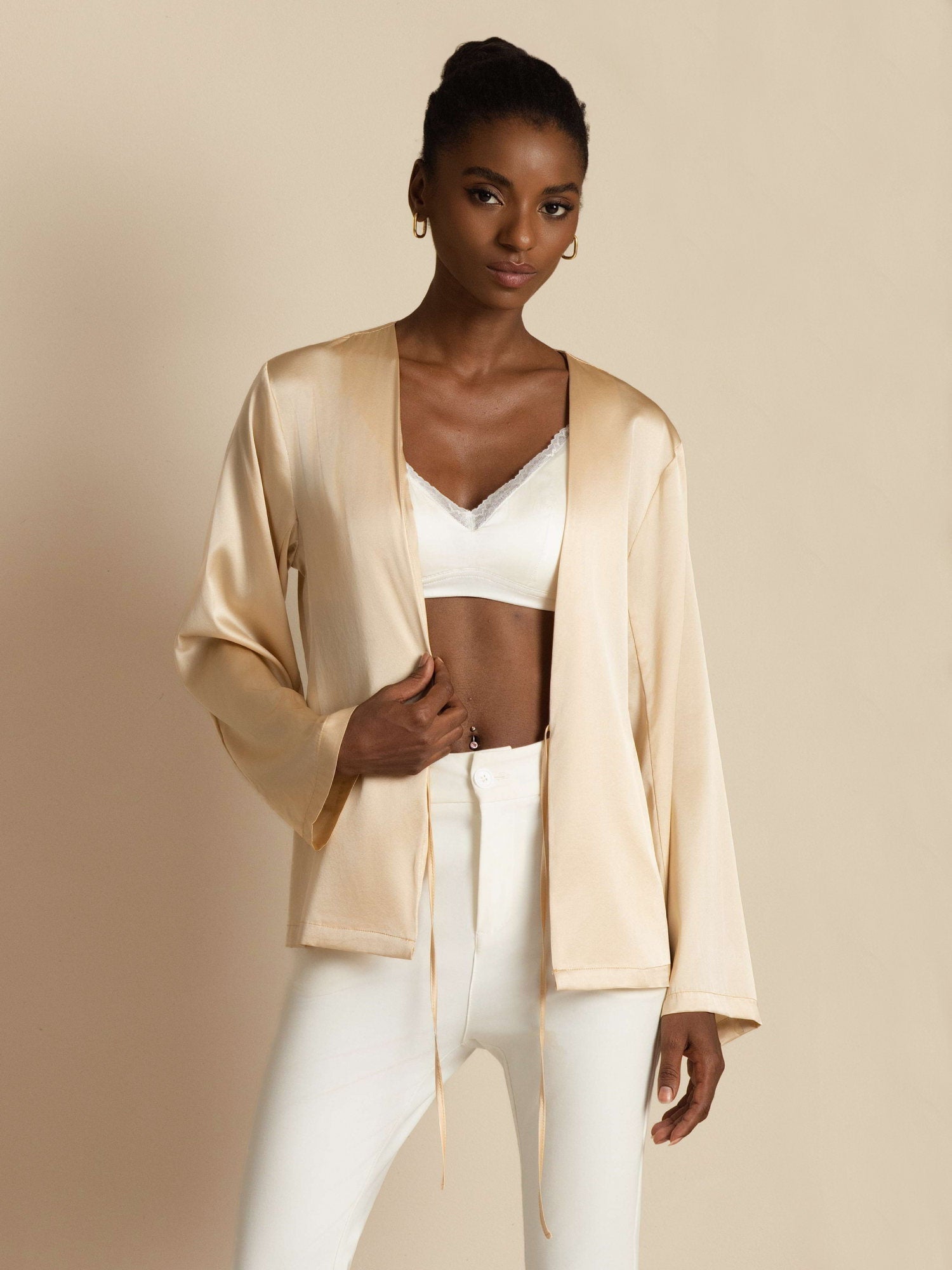 [Champagne] SilkSilky  19Momme Stretch Silk Charmeuse Long Sleeve Women's Outerwear 007