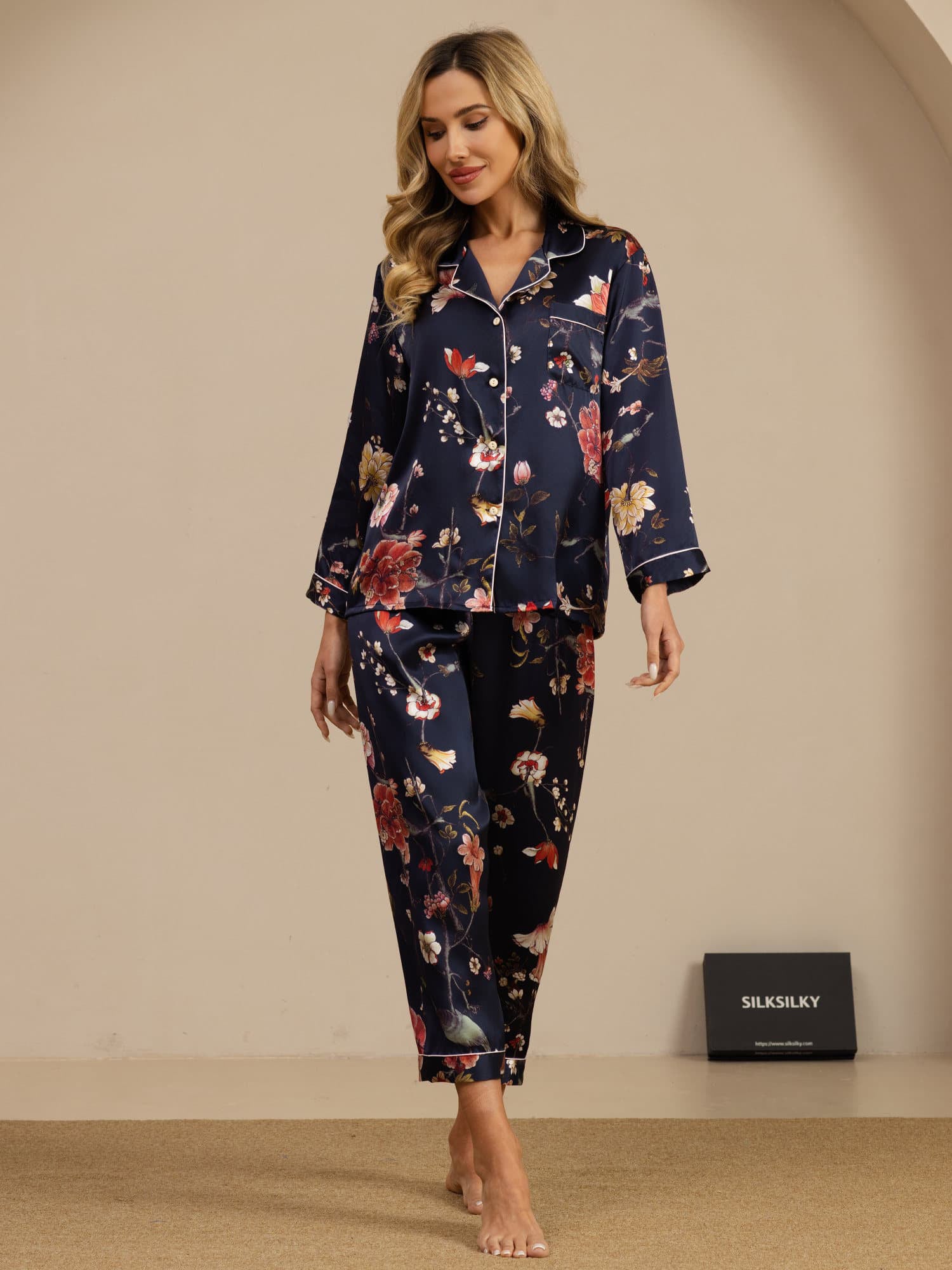 [Navy Floral] SilkSilky  Long Sleeve Notch Collar Women's Pajamas 004