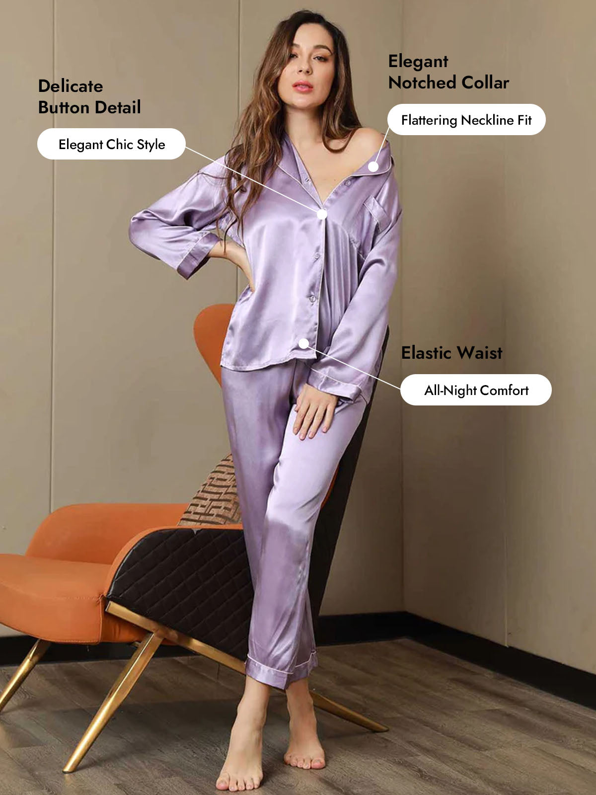 [Lavender] SilkSilky  Silk Long Sleeve Notch Collar Women's Pajamas 005