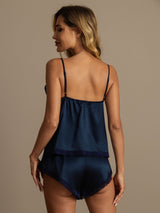 [Dark Blue] SilkSilky  19Momme Stretch Silk Charmeuse Spaghetti Strap V Neck Camisole Set 002