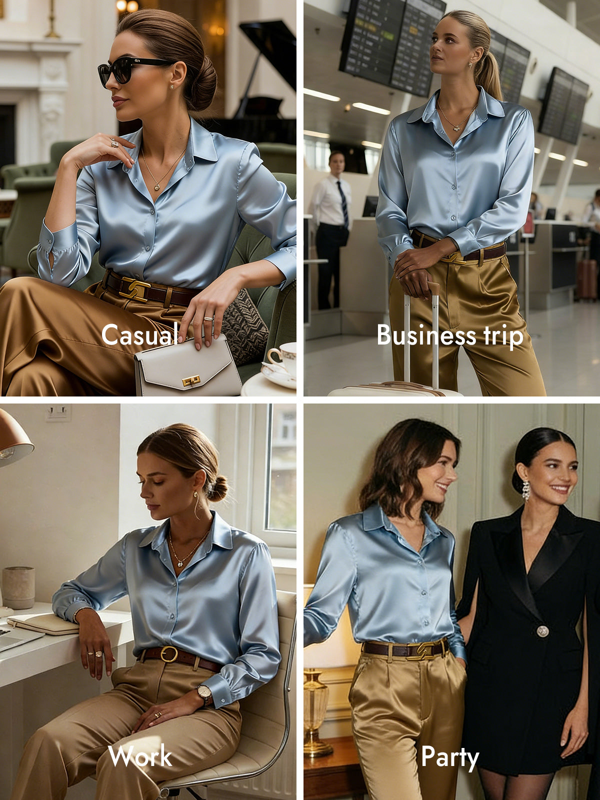 [Grayish Blue] SilkSilky  Silk Long Sleeve Lapel Collar Women's Shirt 011