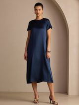 [Dark Blue] SilkSilky Short Sleeve Round Neck Dress 001