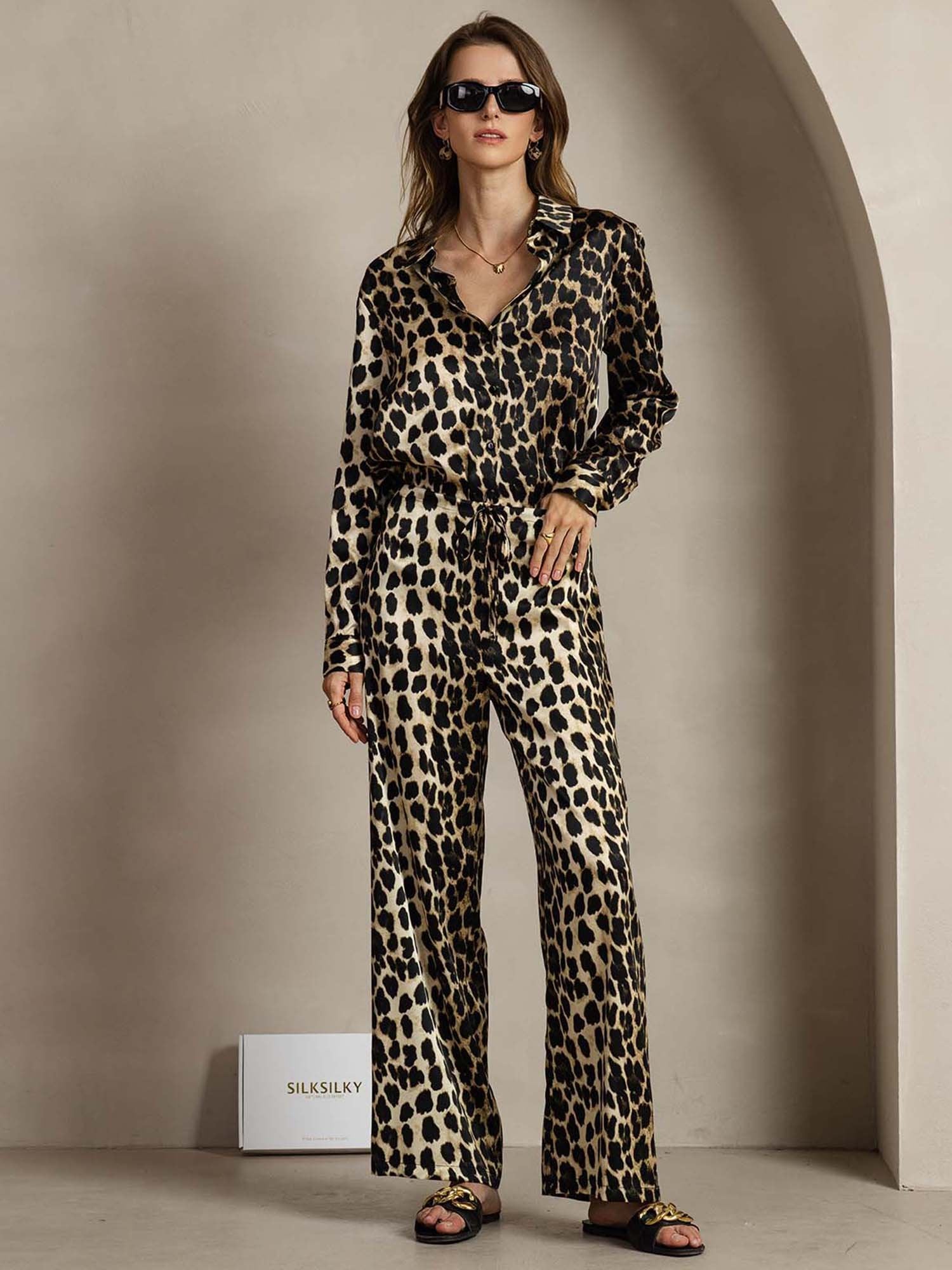 [Leopard] SilkSilky 19Momme Silk Lapel Collar Women''s Outfit Sets 001