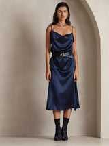 [Dark Blue] SilkSilky  19Momme Stretch Silk Charmeuse Spaghetti Strap Cowl Neck Camisole Top 004
