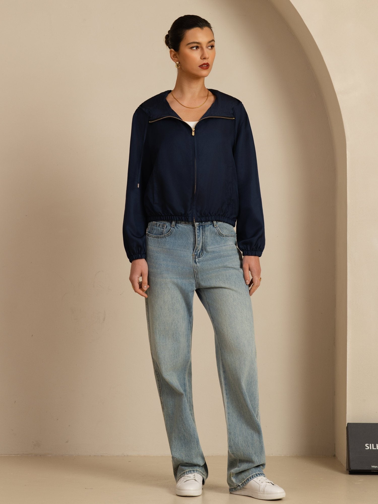 [DarkBlue] SilkSilky 18Momme Silk Satin Surah Long Sleeve Stand Collar Women's Outerwear 006