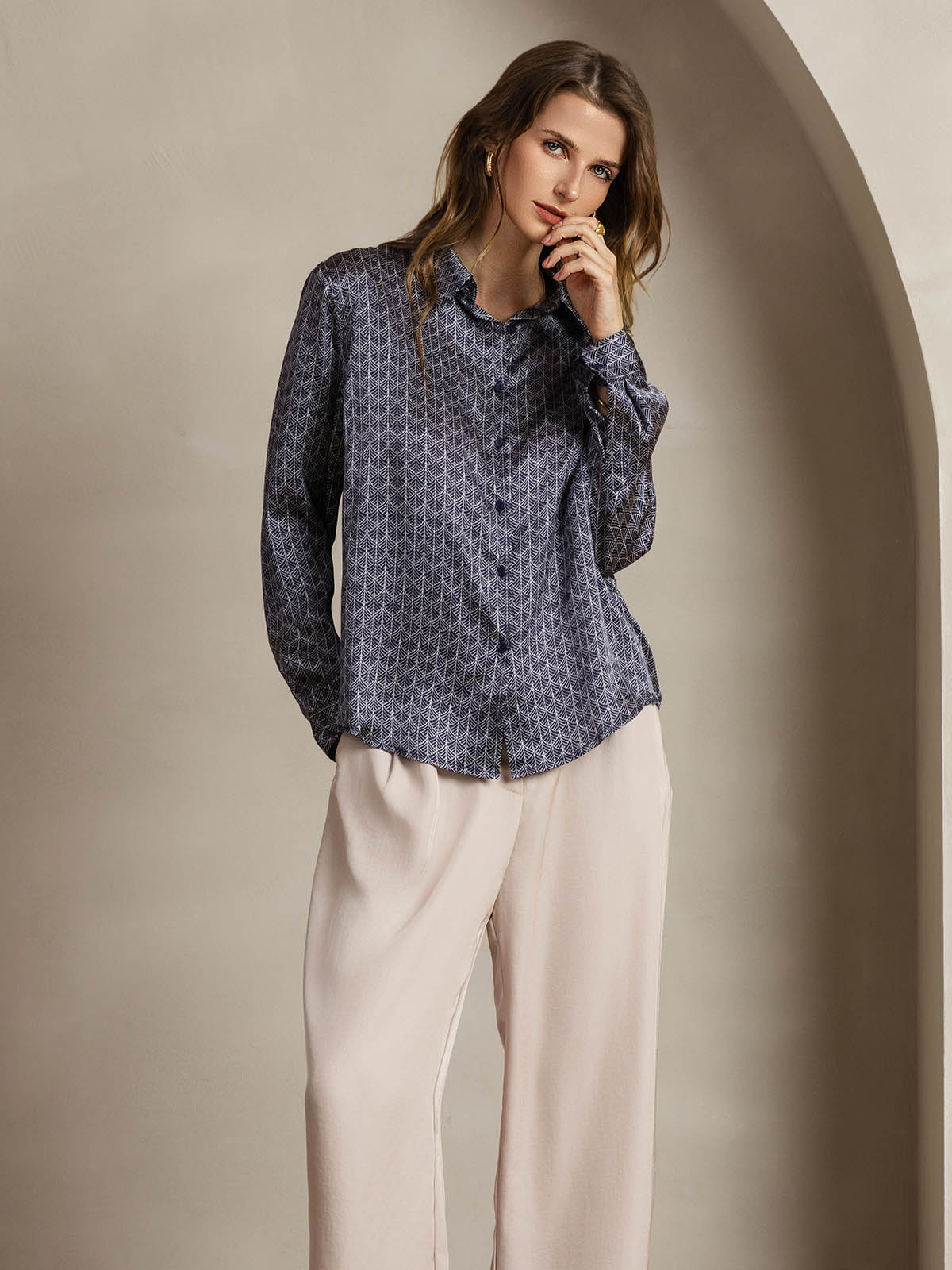 [Navy Ginkgo] SilkSilky  Silk Lapel Collar Women's Shirt 006
