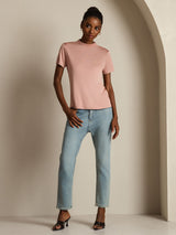 [Pink] SilkSilky  100% Silk Jersey Short Sleeve Mock Neck Women's T-Shirt 007