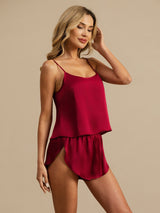 [Wine] SilkSilky  Spaghetti Strap Scoop Neck Camisole Set 001