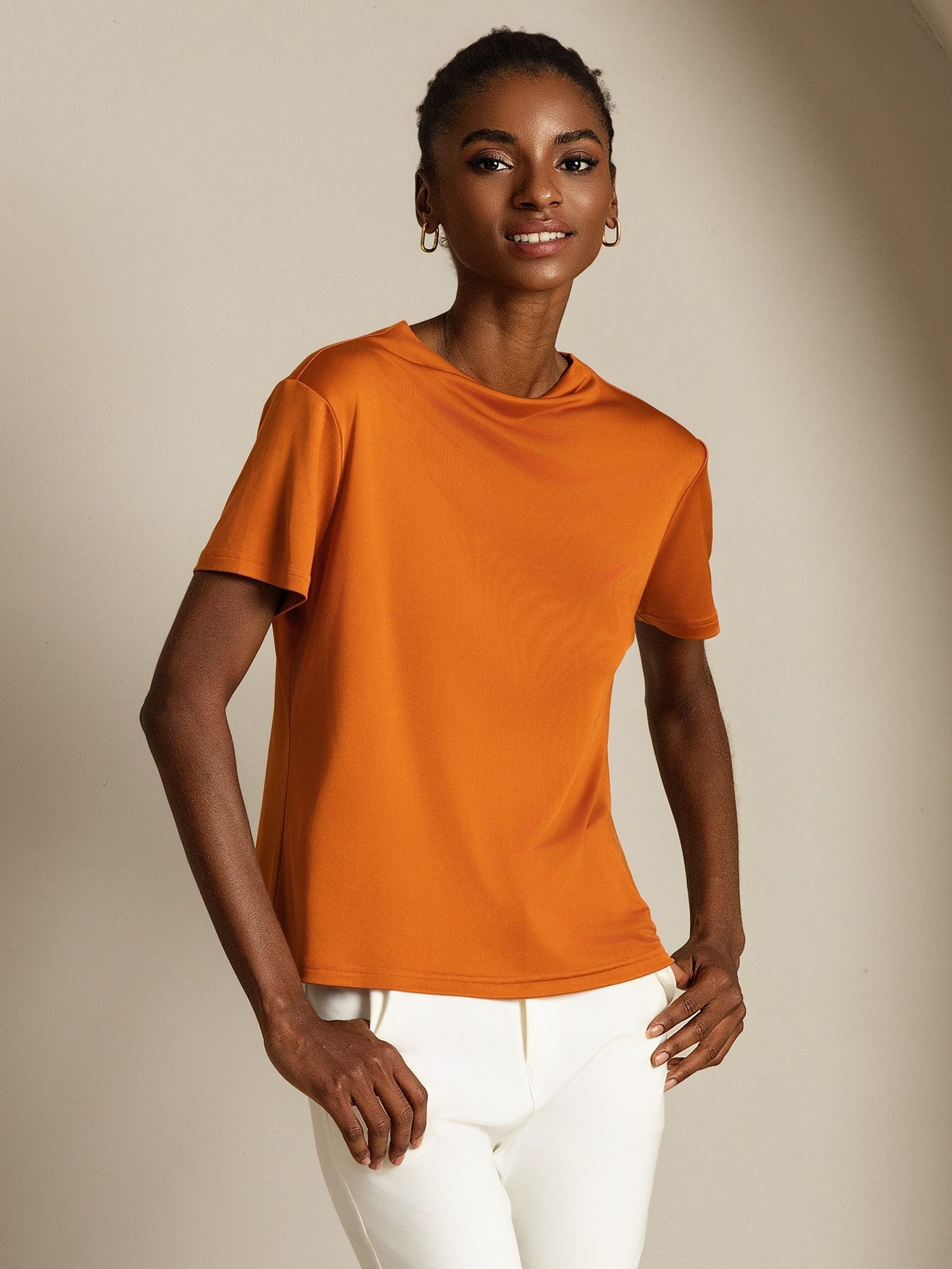 [Orange] SilkSilky  Pure Silk Collar Women's T-Shirt 006