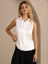 [White] SilkSilky  Sleeveless Lapel Collar Women's Shirt 003