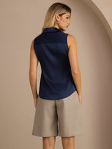 [Dark Blue] SilkSilky  Sleeveless Lapel Collar Women's Shirt 002