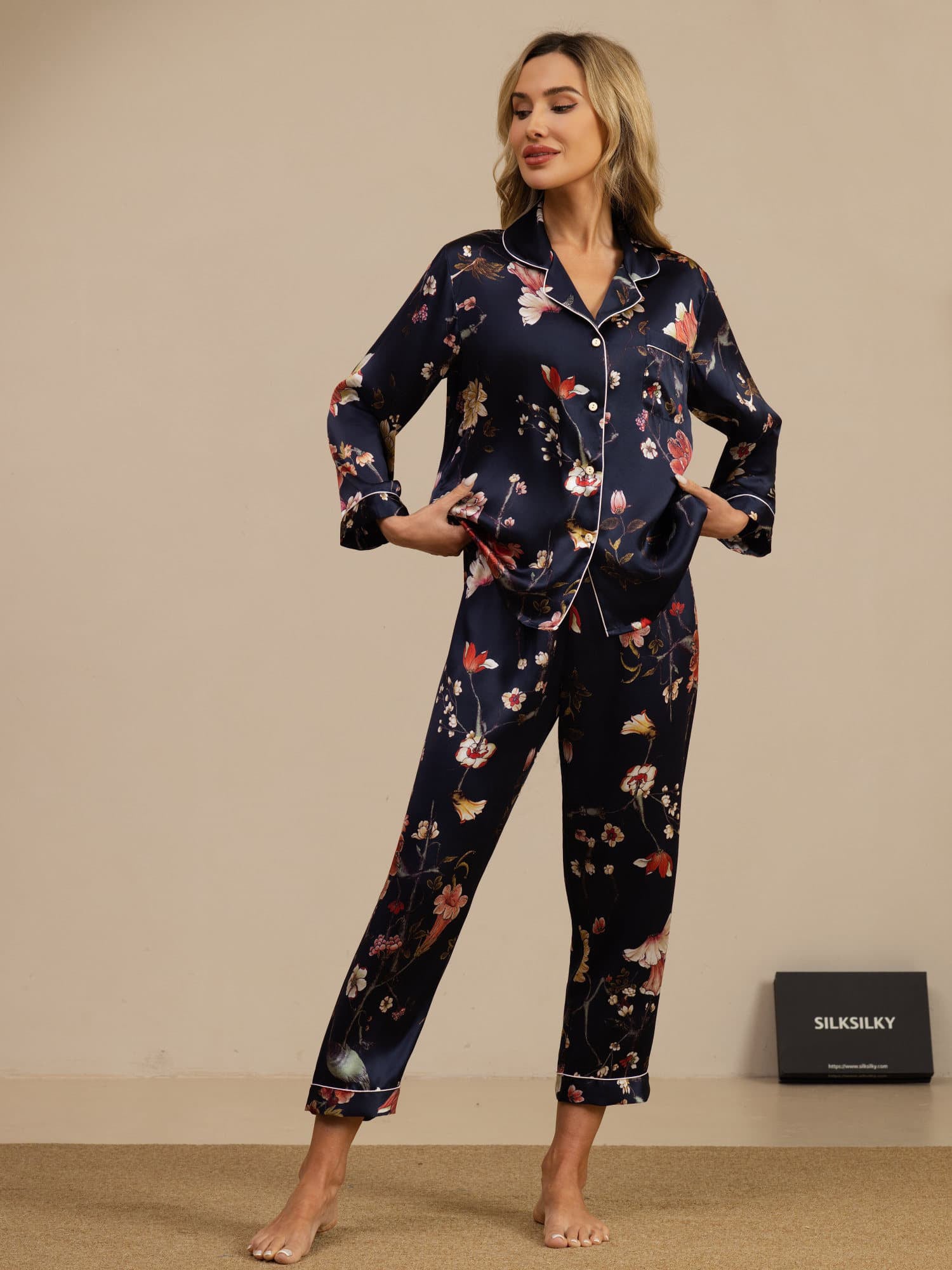 [Navy Floral] SilkSilky  Long Sleeve Notch Collar Women's Pajamas 003