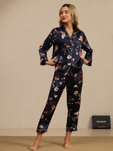 [Navy Floral] SilkSilky  Long Sleeve Notch Collar Women's Pajamas 003