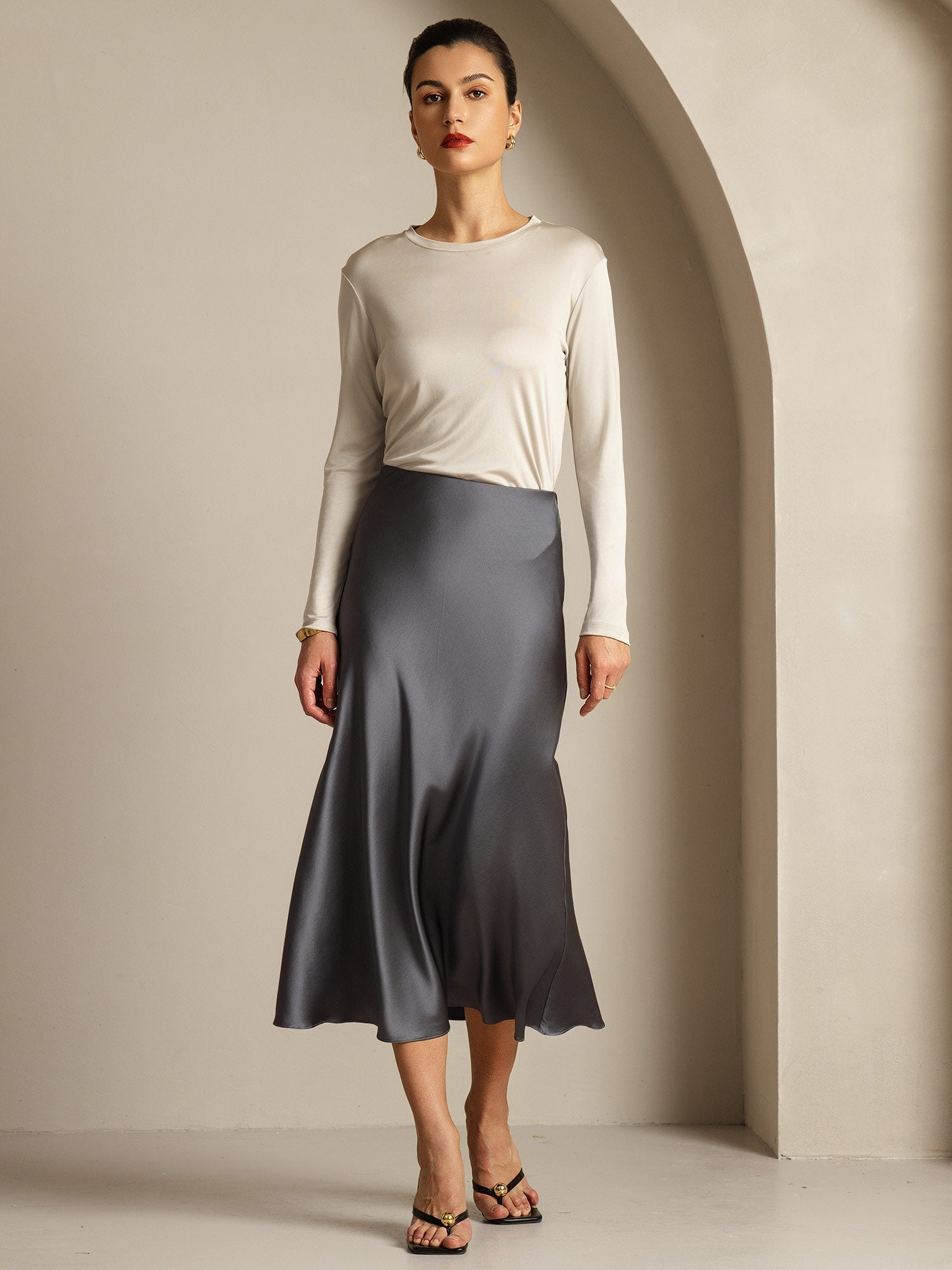 [Gray] SilkSilky  Pure Silk Womens T-Shirt 015,