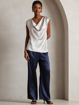 [Light Gray] SilkSilky  19Momme Stretch Silk Charmeuse Cap Sleeve Cowl Neck Women's T-Shirt 001