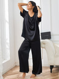 SilkSilky US Pure Silk Short Sleeve V Neck Women's Pajamas Black 005