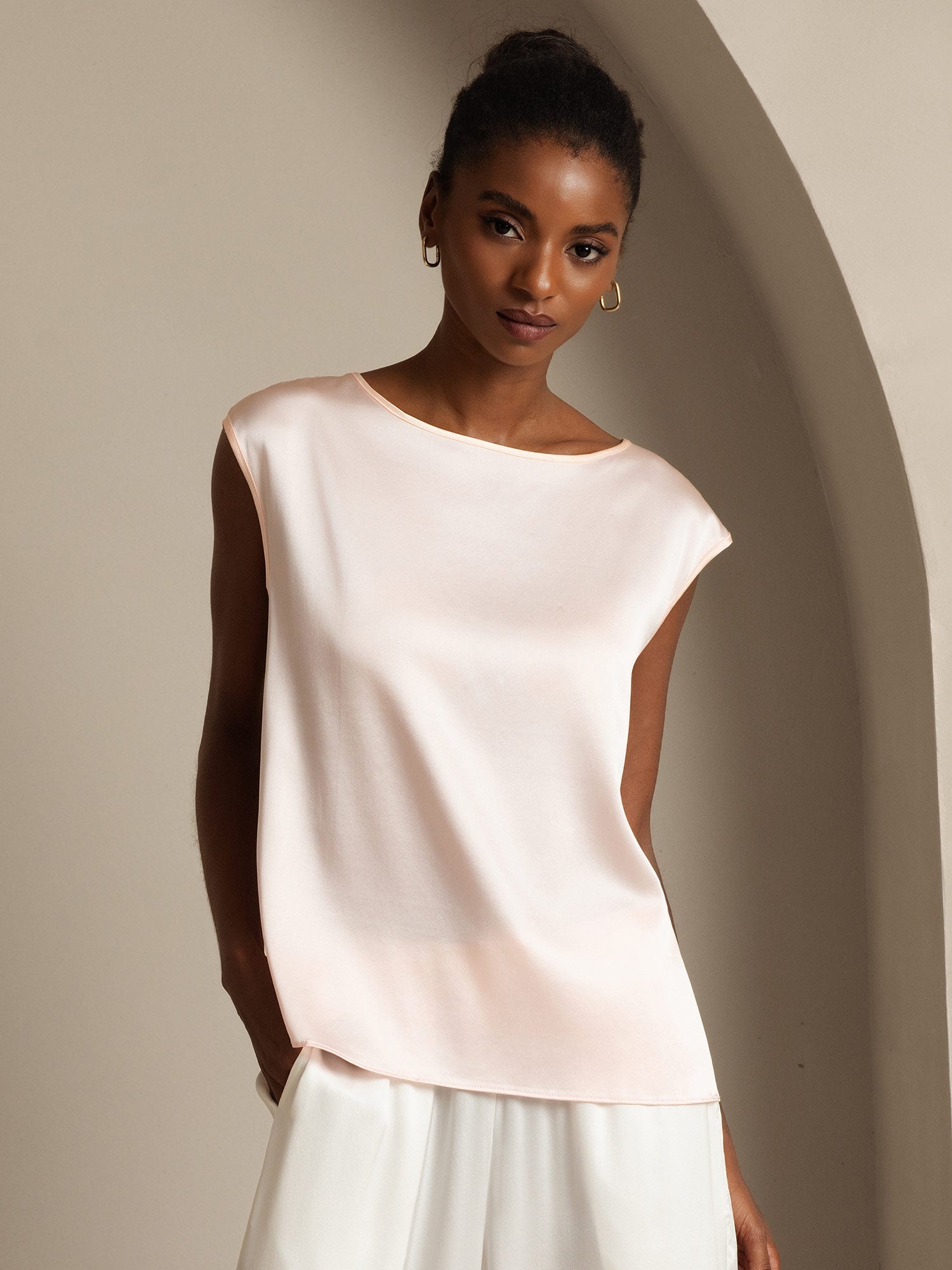 [Pink] SilkSilky  19Momme Silk Round Neck Women's T-Shirt 001,