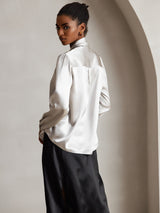 [Light Gray] SilkSilky  19Momme Stretch Silk Charmeuse Long Sleeve Tie Neck Blouse 002