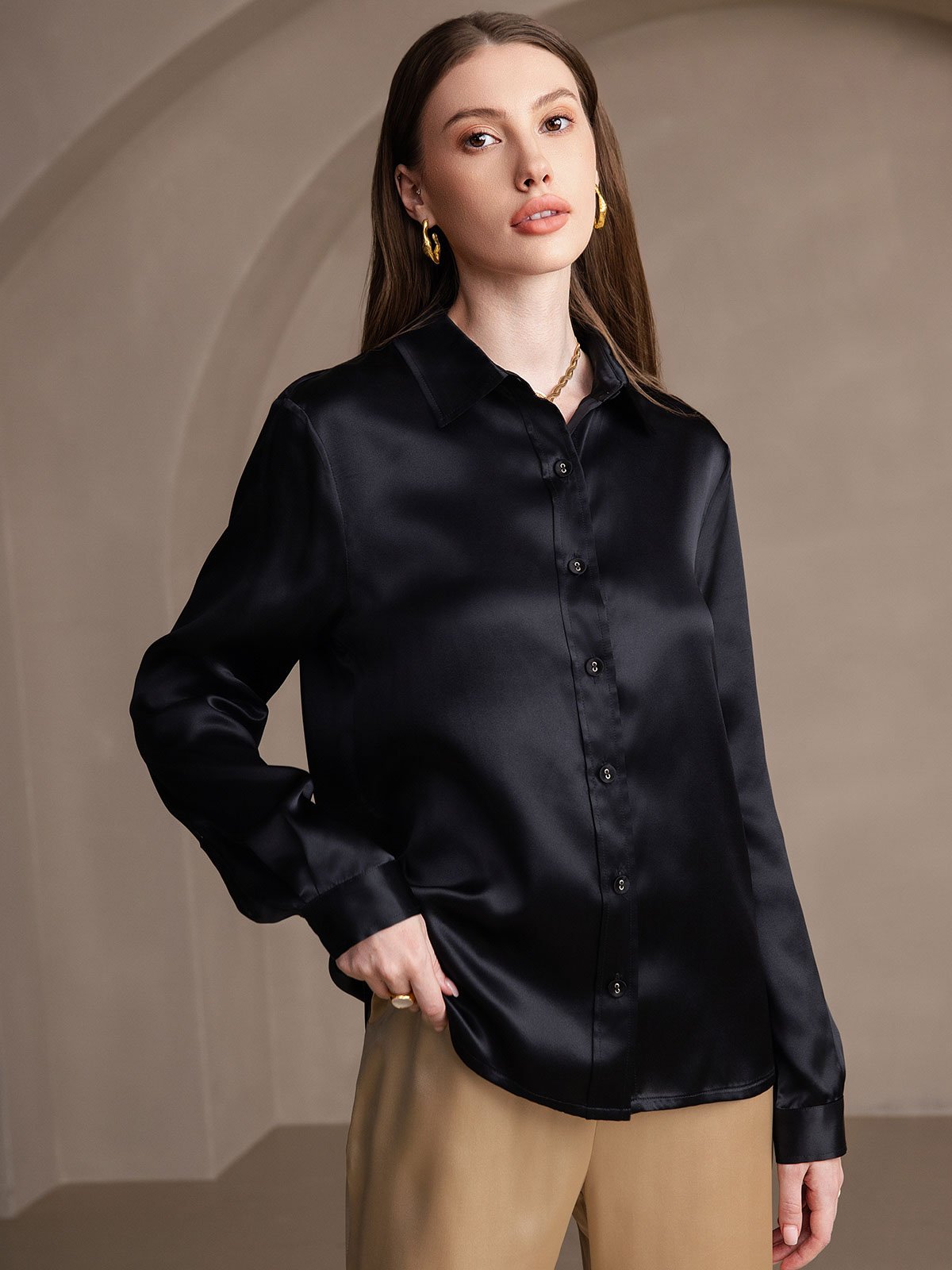 SilkSilky  19Momme Silk Long Sleeve Collar Women's Shirt Black 003