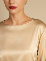 [Champagne] SilkSilky  19Momme Stretch Silk Charmeuse Long Sleeve Boat Neck Blouse 006