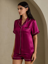 [Fuchsia] SilkSilky  Short Sleeve Lapel Collar Women's Pajamas 007