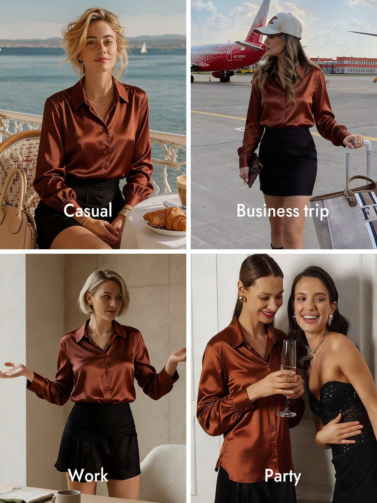 [Caramel] SilkSilky  Silk Long Sleeve Lapel Collar Women's Shirt 009