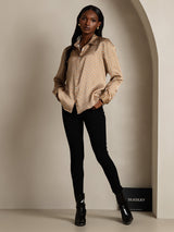 [Floral] SilkSilky  19Momme Stretch Silk Charmeuse Long Sleeve Lapel Collar Women's Shirt 007