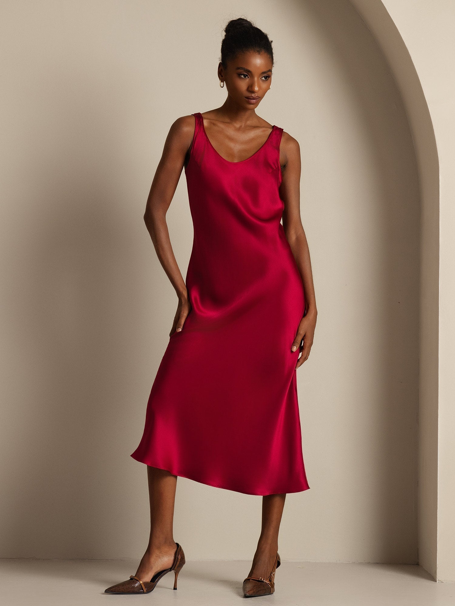 [Wine] SilkSilky  Pure Silk Boat Neck Dress 004,