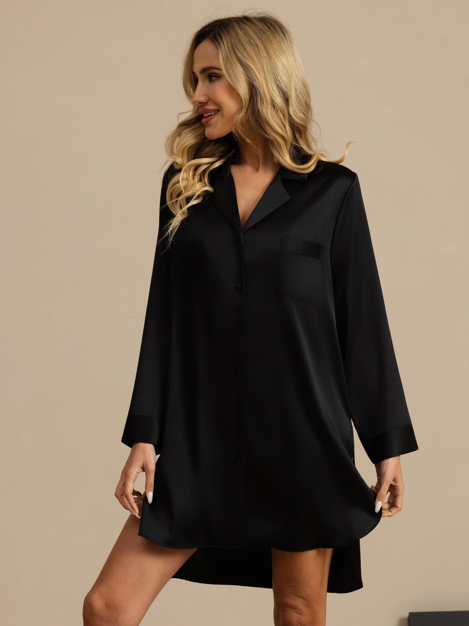 [Black] SilkSilky  Long Sleeve Notch Collar Nightshirt 005