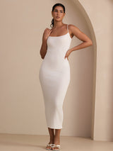 [White] SilkSilky Spaghetti Strap Square Neck Dress 008