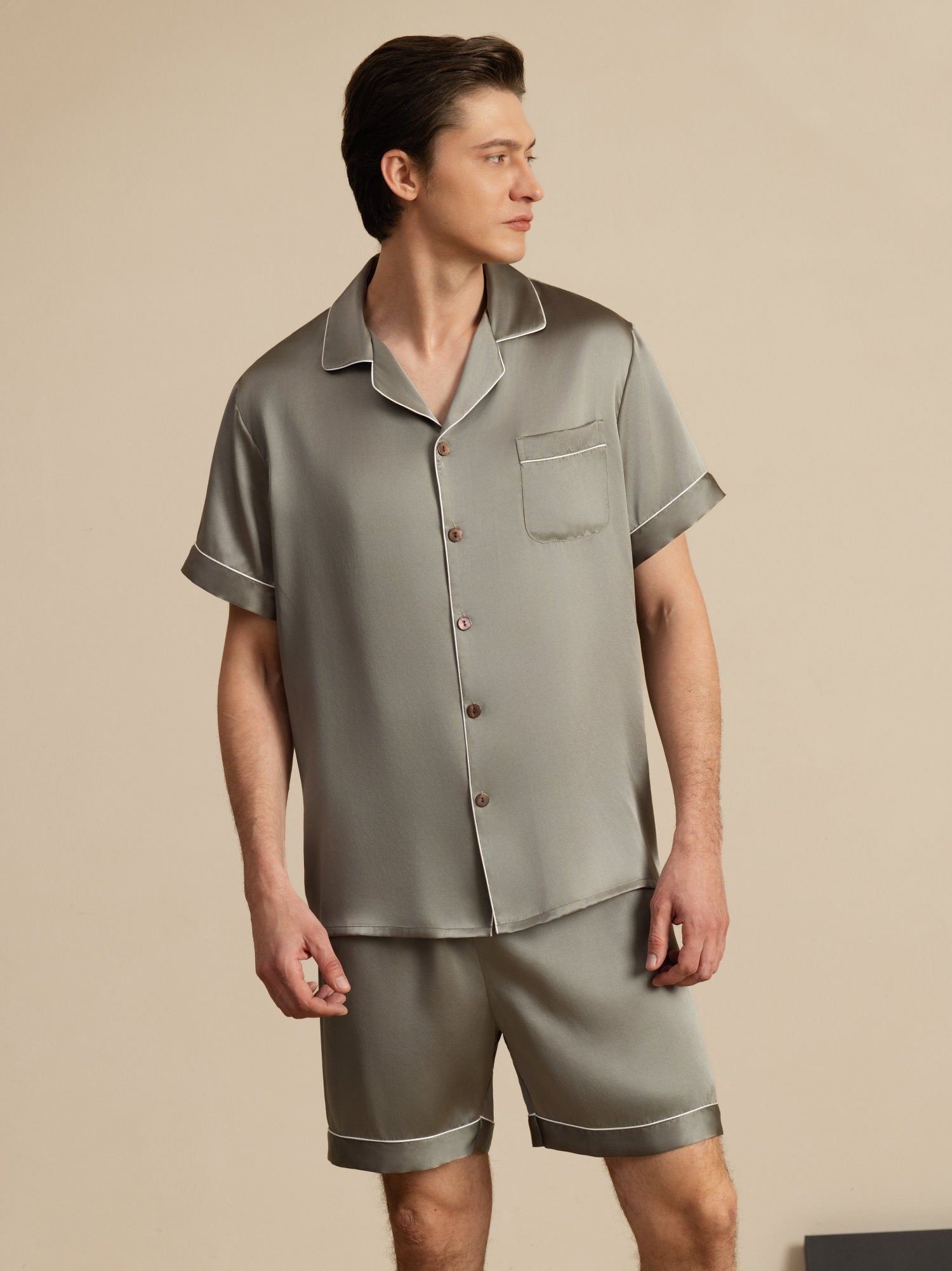 [Grayish Green] SilkSilky  Short Sleeve Notch Collar Men's Pajamas 001