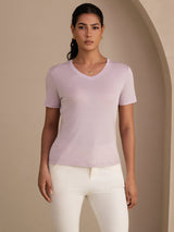 [Lavender] SilkSilky  Short Sleeve V Neck Women's T-Shirt 001
