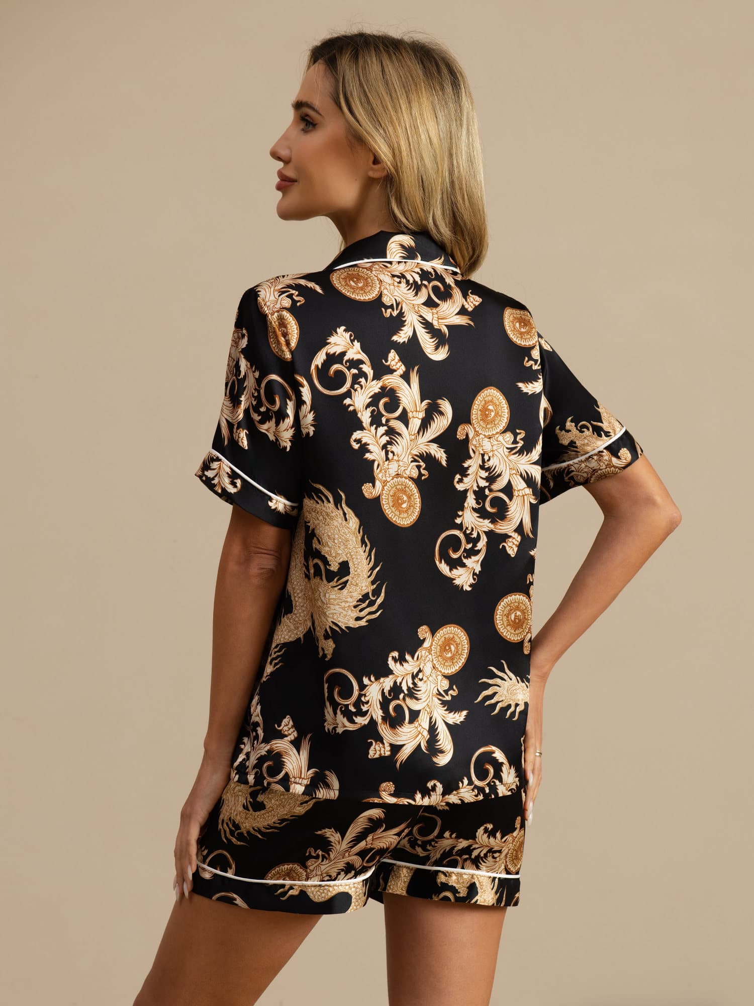 [Black Dragon] SilkSilky  Short Sleeve Notch Collar Women's Pajamas 002