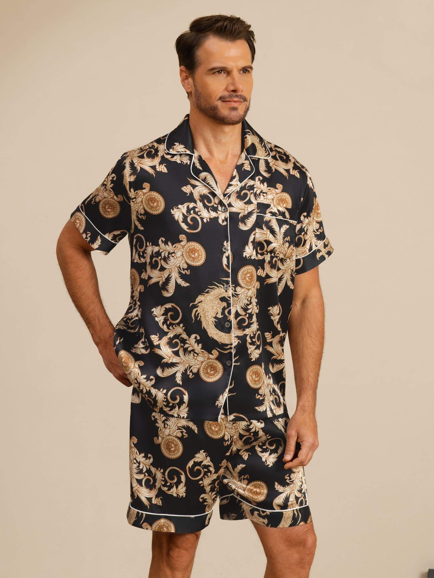 [Black Dragon] SilkSilky  Short Sleeve Notch Collar Men's Pajamas 001
