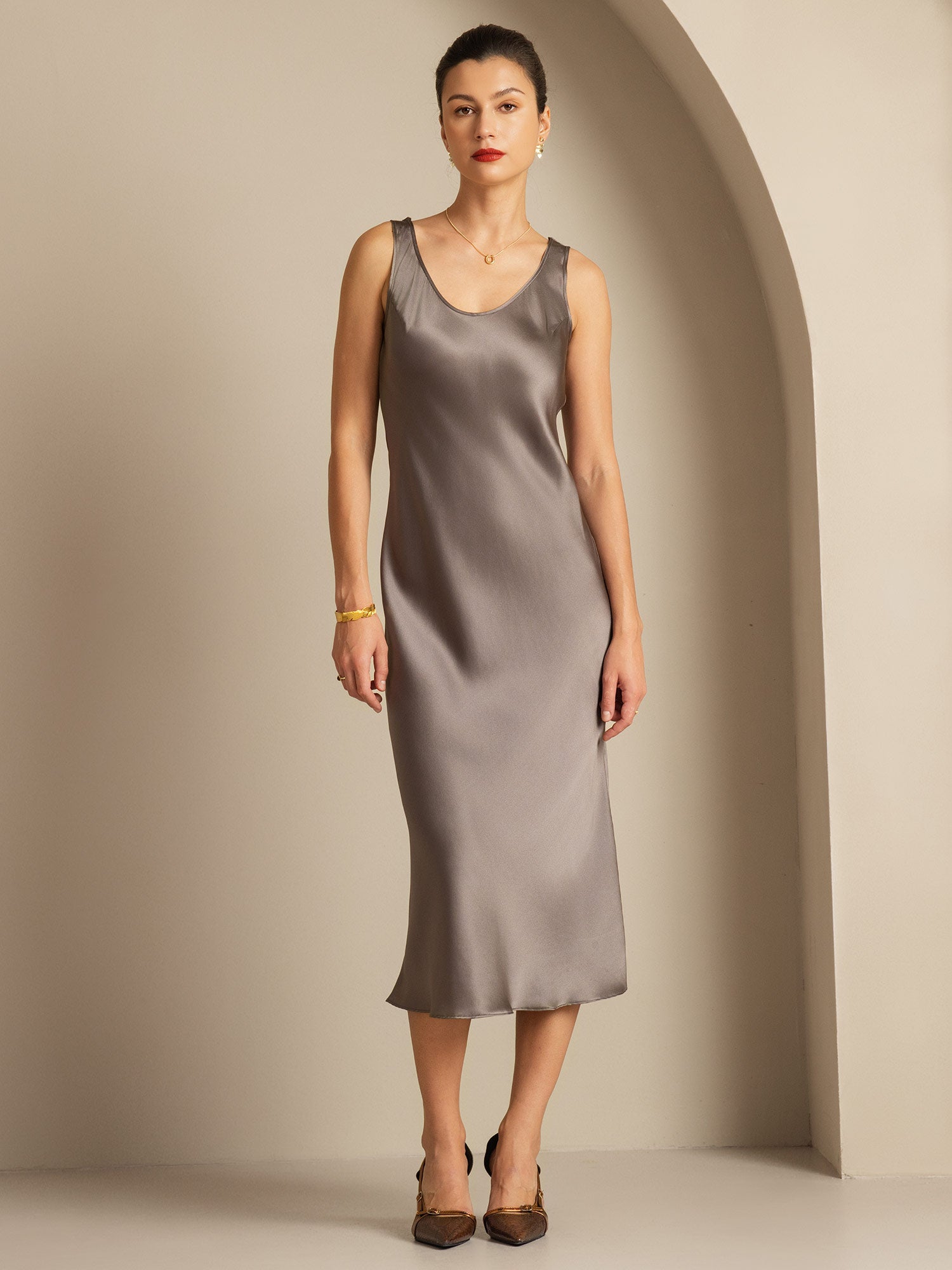 [Dark Khaki] SilkSilky  Pure Silk Boat Neck Dress 001,