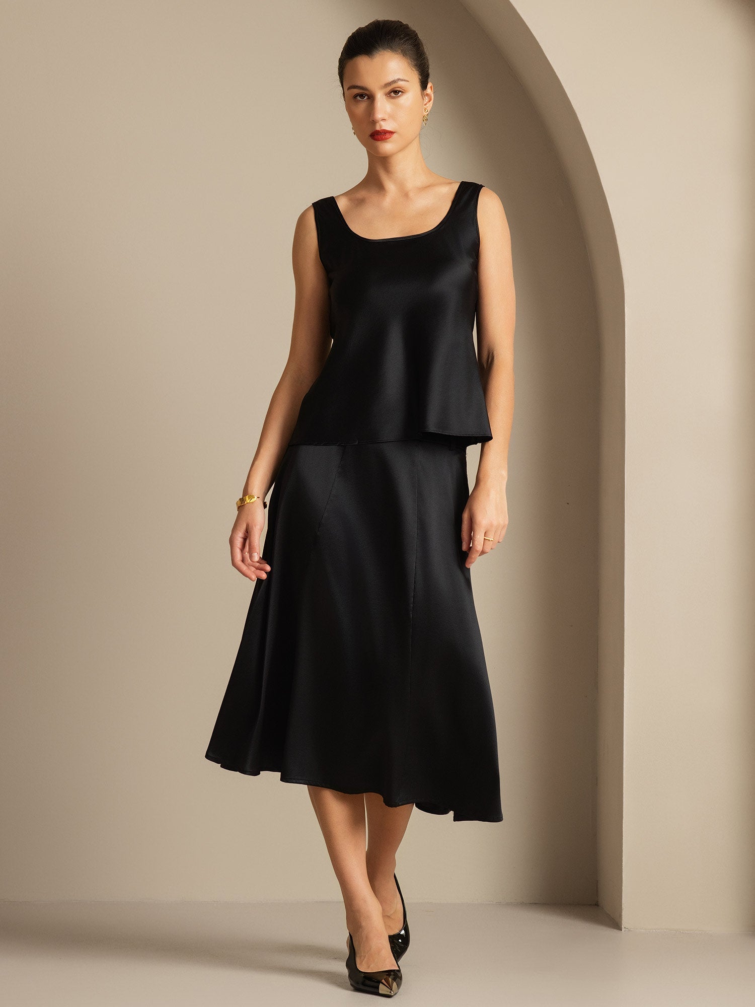 [Black] SilkSilky  19Momme Silk U Neck Camisole Top 003,