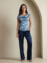 [Grayish Blue] SilkSilky  19Momme Stretch Silk Charmeuse Cap Sleeve Cowl Neck Women's T-Shirt 005